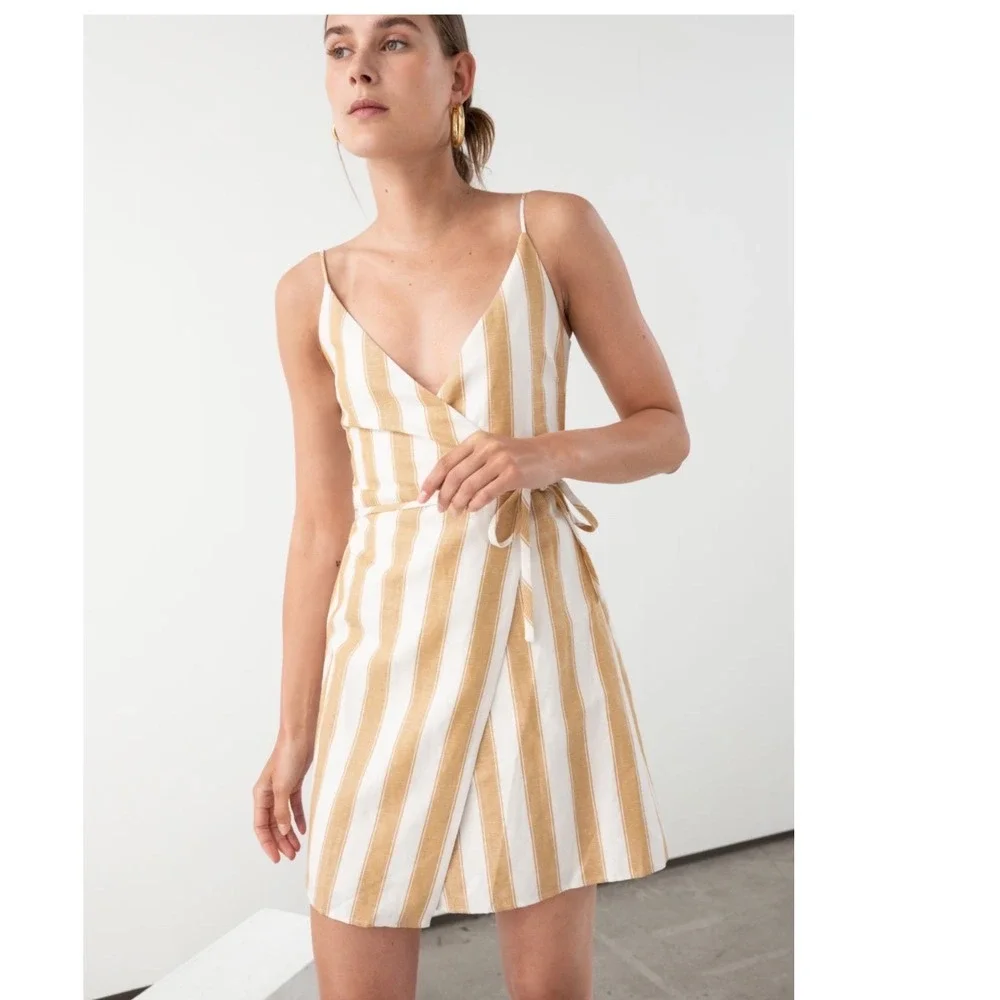 & Other Stories Striped Wrap Mini Dress in White and Tan